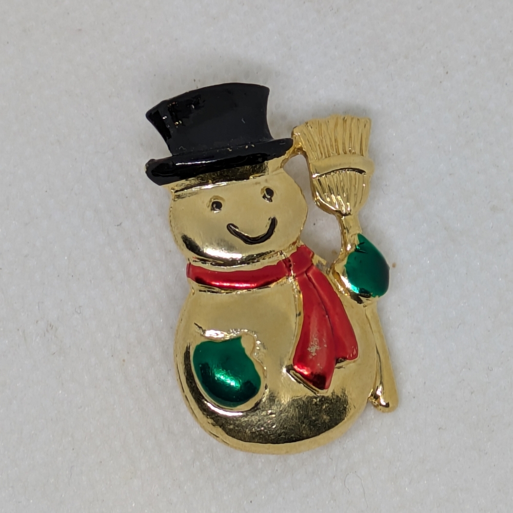 SFJ Vintage Snowman Brooch Goldstone Black Hat Red Scarf Green Mittens Holidays
